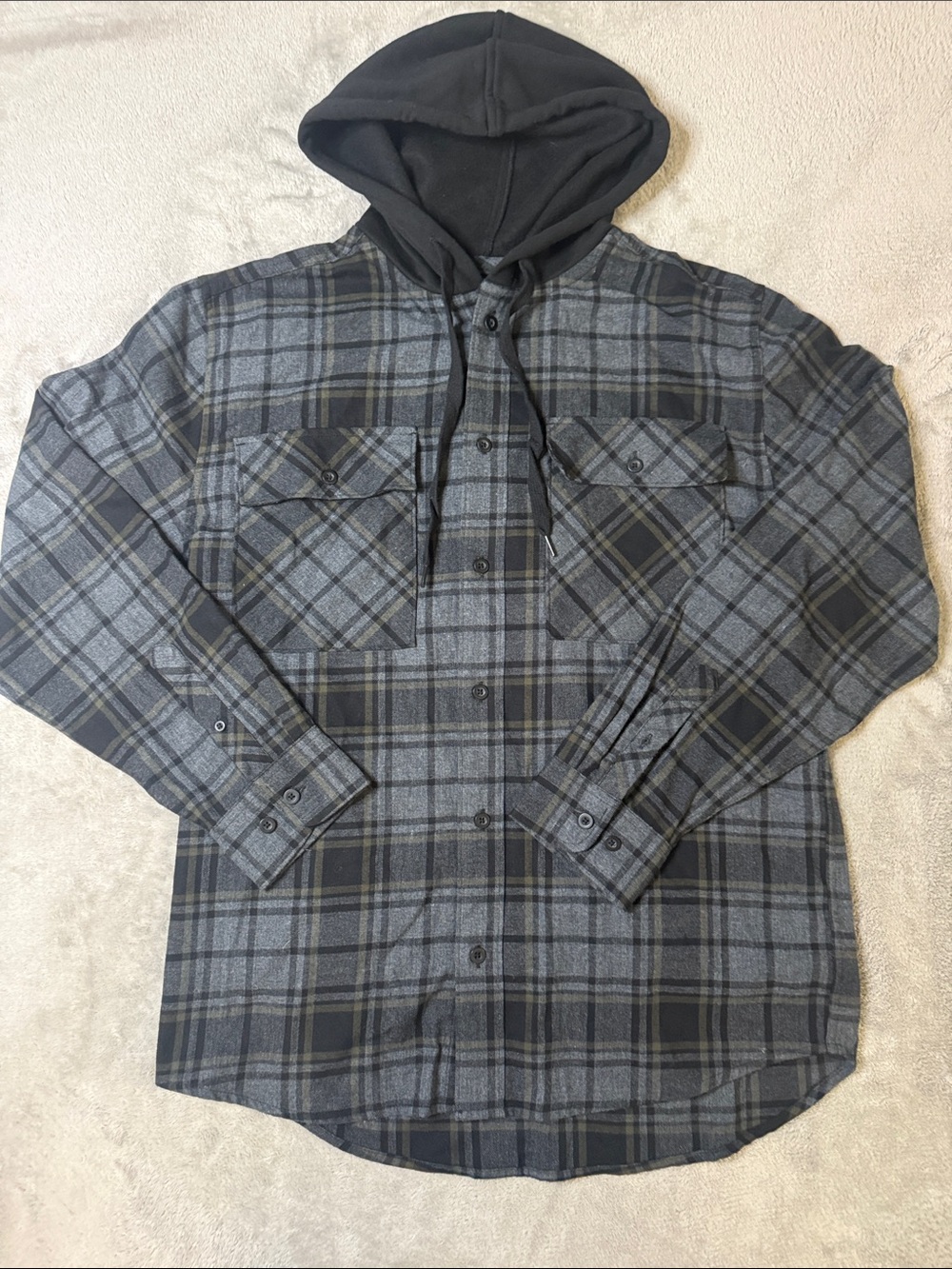 No Boundaries Gray & Black Plaid Hooded Shirt Jacket